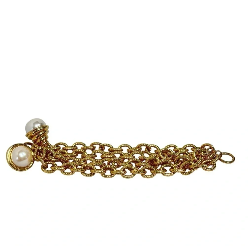 VINTAGE Gold-tone Chunky Chains Faux Pearls Elegant Dangle Bracelet